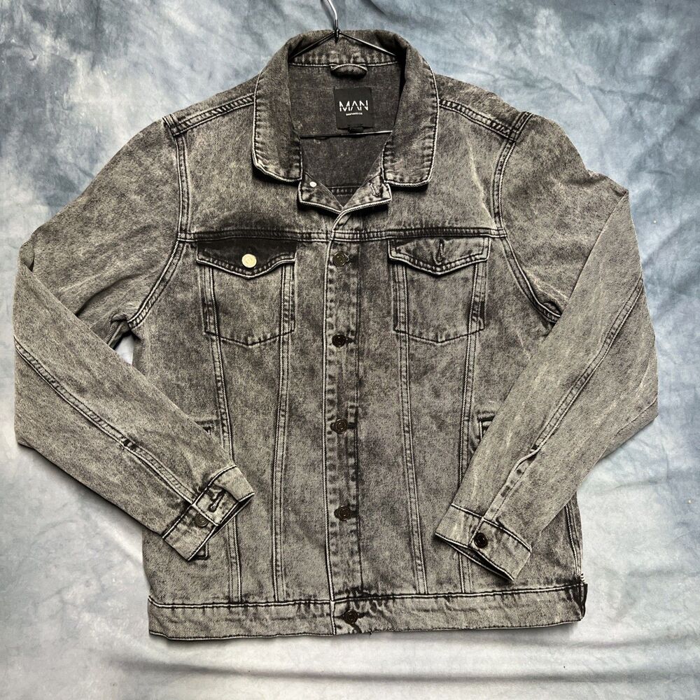 Boohoo Man Faded Black Denim Jacket Smiley Face
